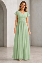 Refined A-Line V-Neck Flutter Sleeve V-Back Long Mother of the Bride Dress