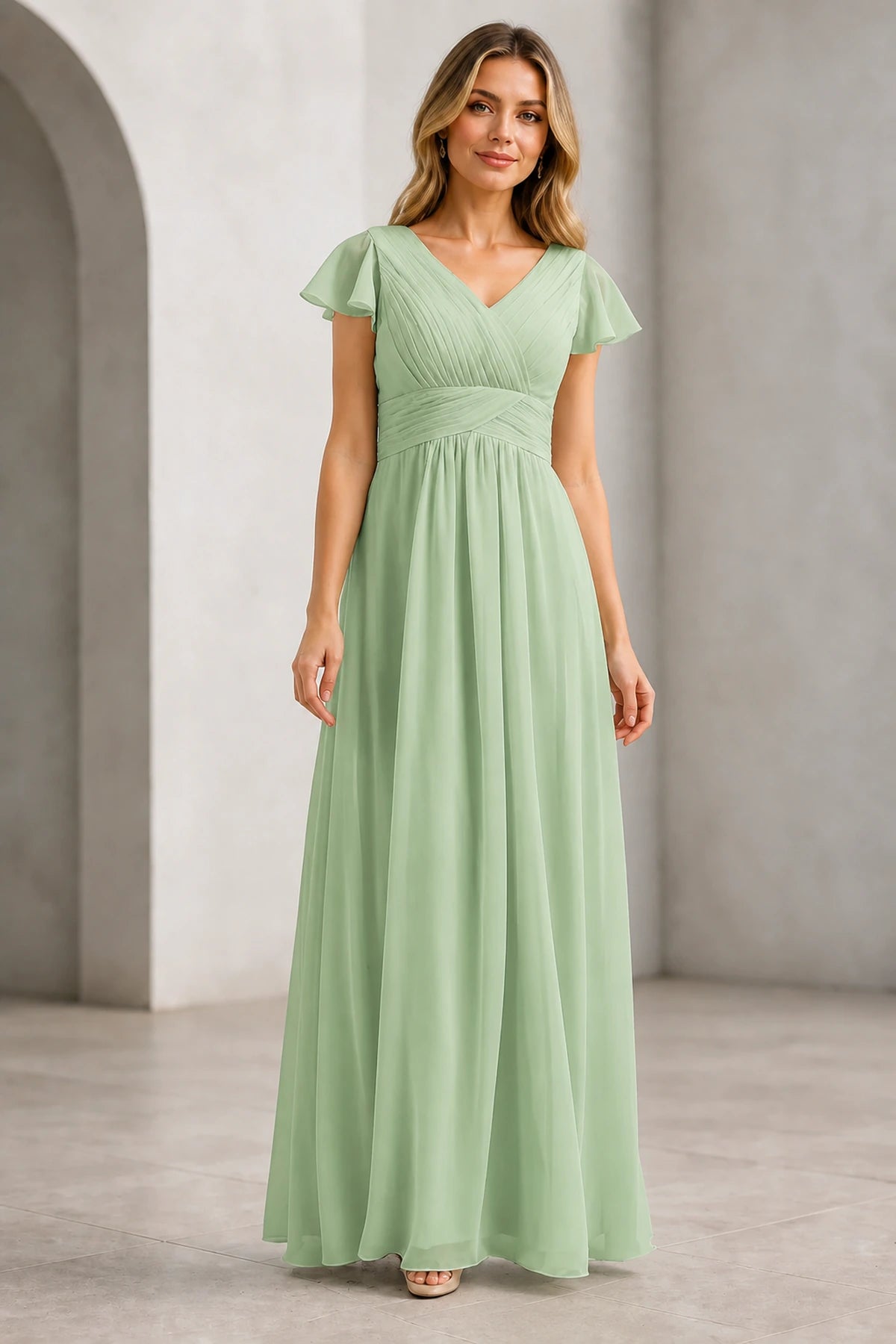 Refined A-Line V-Neck Flutter Sleeve V-Back Long Mother of the Bride Dress