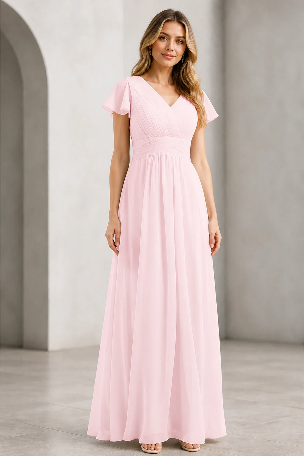 Refined A-Line V-Neck Flutter Sleeve V-Back Long Mother of the Bride Dress