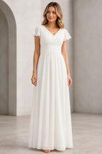 Refined A-Line V-Neck Flutter Sleeve V-Back Long Mother of the Bride Dress