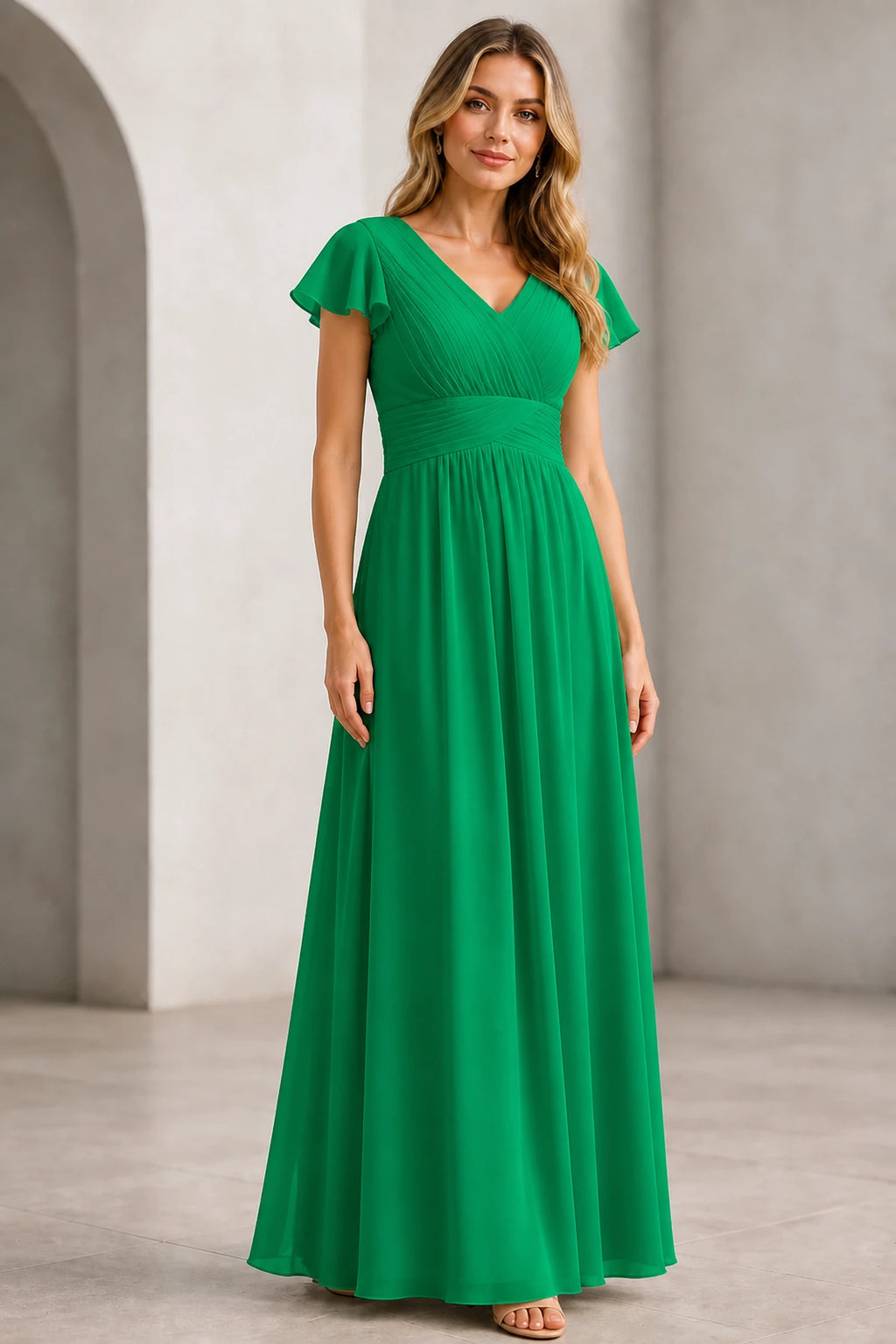 Refined A-Line V-Neck Flutter Sleeve V-Back Long Mother of the Bride Dress