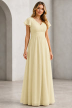 Refined A-Line V-Neck Flutter Sleeve V-Back Long Mother of the Bride Dress