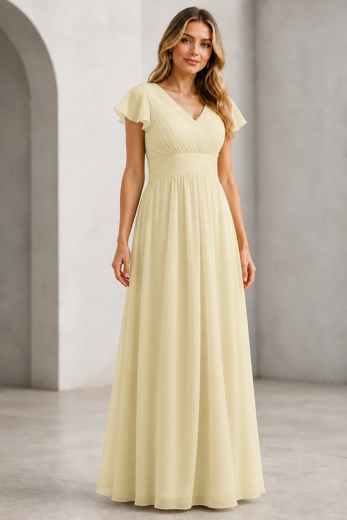 Refined A-Line V-Neck Flutter Sleeve V-Back Long Mother of the Bride Dress