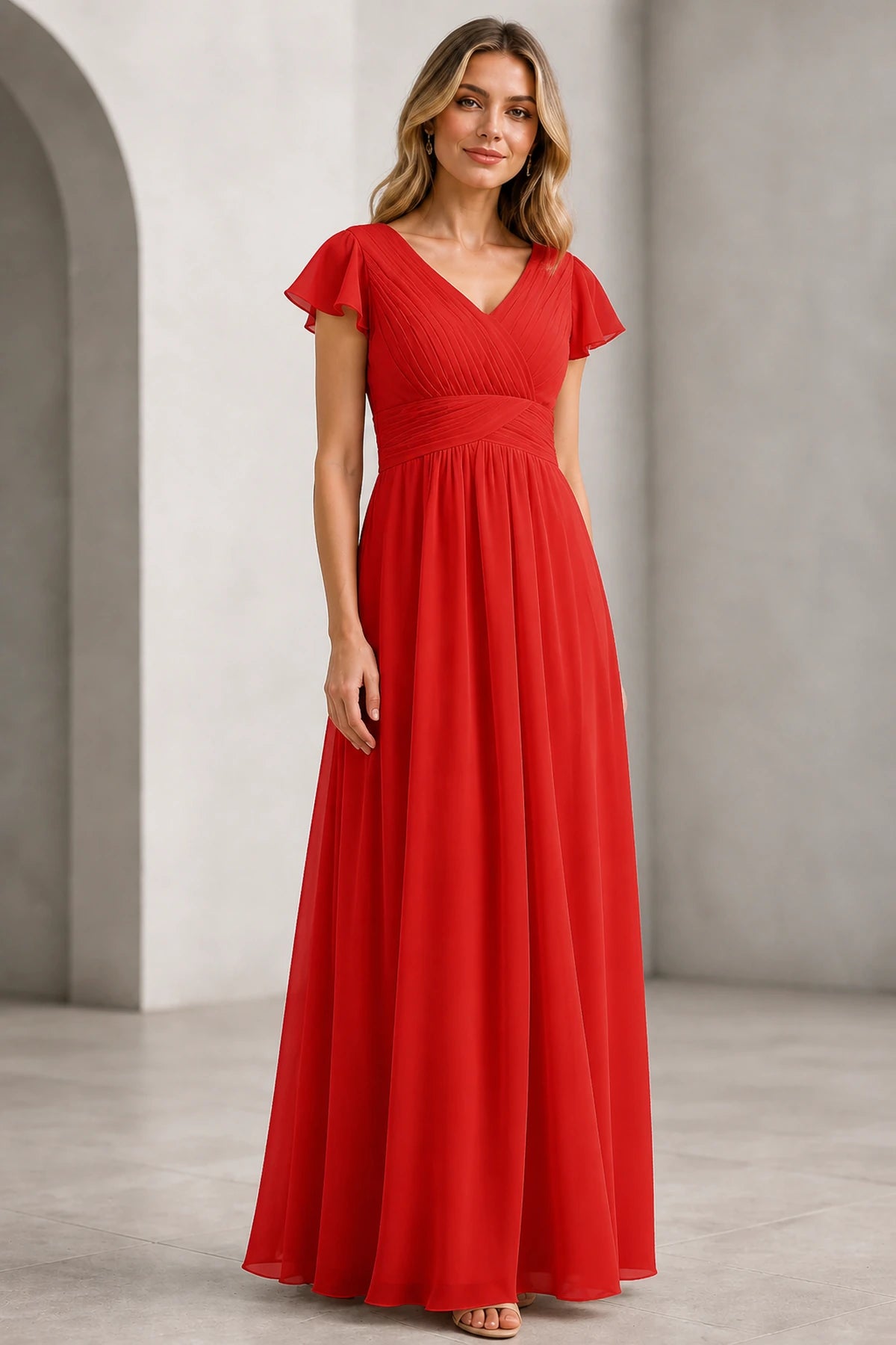 Refined A-Line V-Neck Flutter Sleeve V-Back Long Mother of the Bride Dress