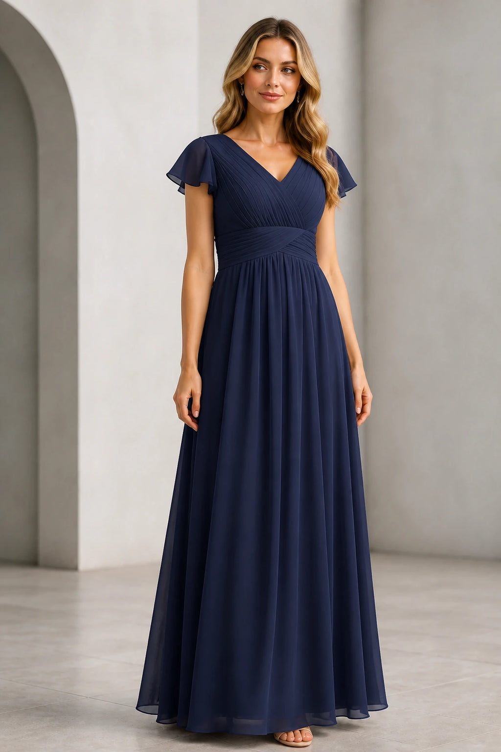 Refined A-Line V-Neck Flutter Sleeve V-Back Long Mother of the Bride Dress