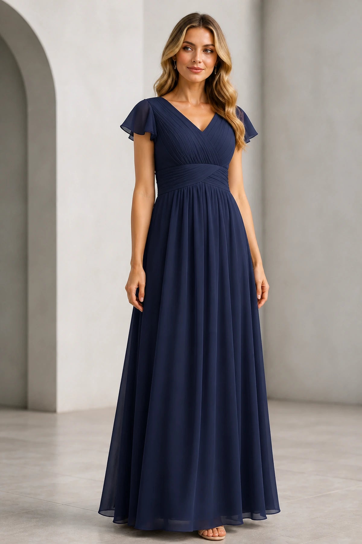 Refined A-Line V-Neck Flutter Sleeve V-Back Long Mother of the Bride Dress