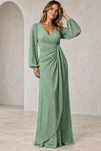 Sage green Mother of the Bride Dress with wrap V-neck, long balloon sleeves, ruched waist and floor-length skirt