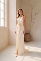 Romantic Sheath Plunging Halter Sleeveless Open Back Long Bridesmaid Dress