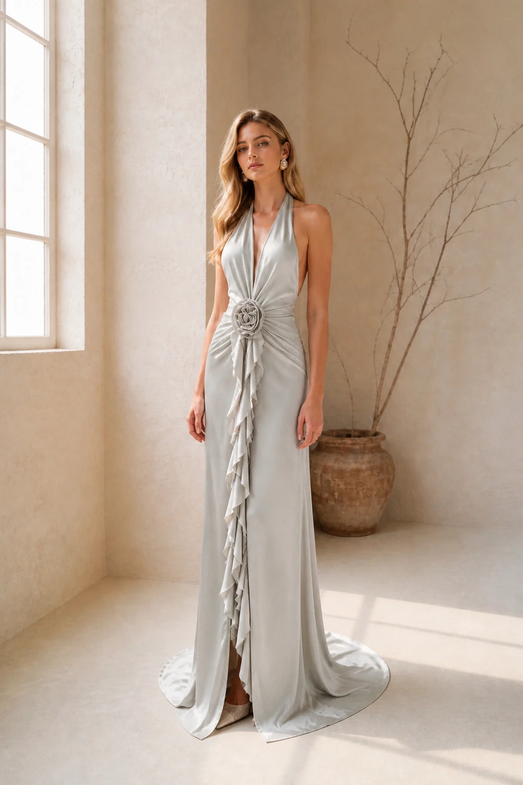 Sage halter neck bridesmaid dress with rosette and ruffle detail by GraceProm