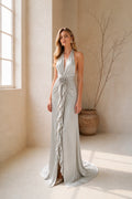 Sage halter neck bridesmaid dress with rosette and ruffle detail by GraceProm