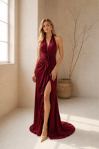 Romantic Sheath Plunging Halter Sleeveless Open Back Long Bridesmaid Dress