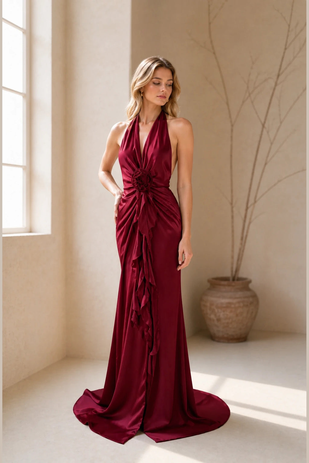 Romantic Sheath Plunging Halter Sleeveless Open Back Long Bridesmaid Dress