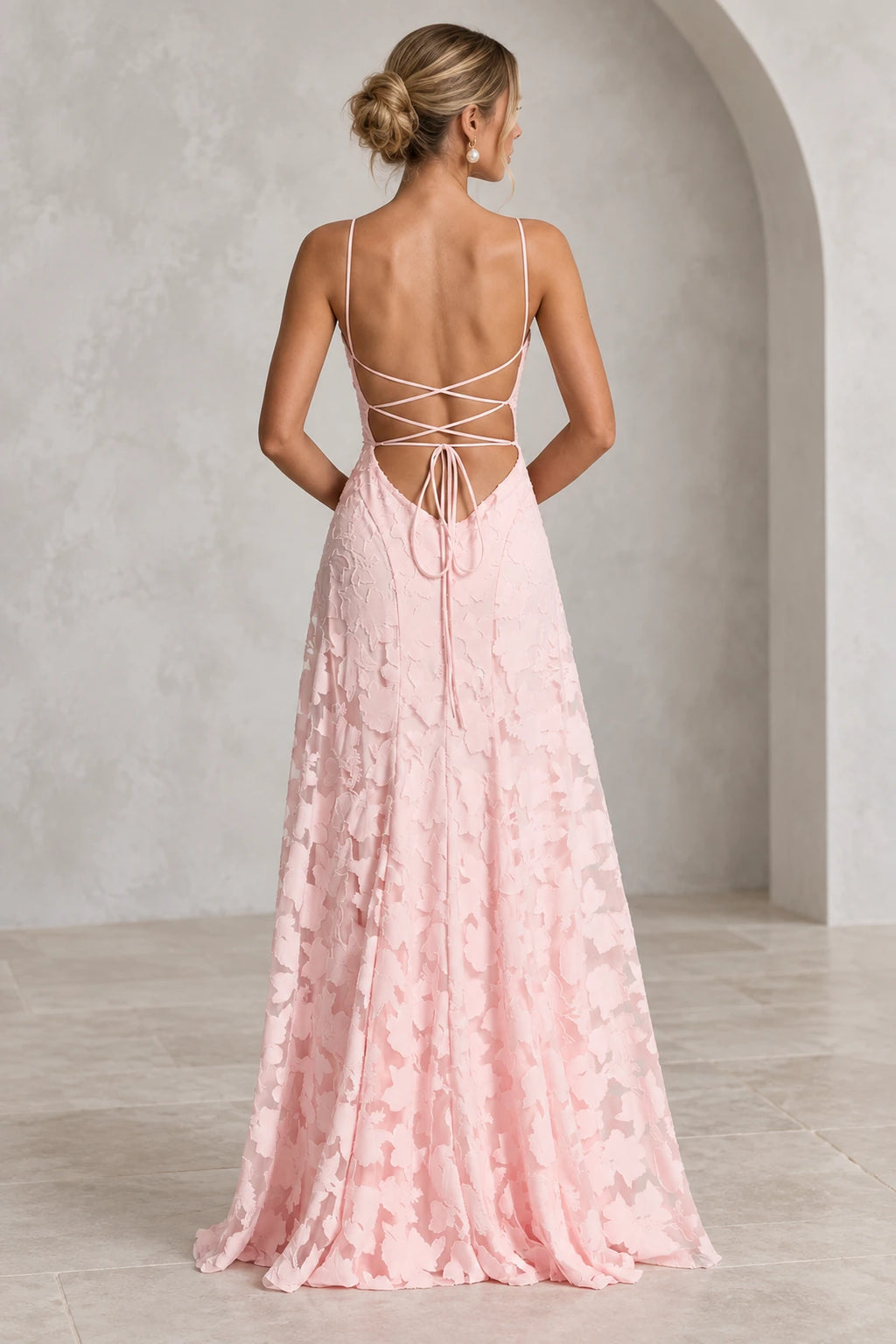 Romantic A-Line Cowl Neck Spaghetti-Strap Lace-Up Back Floor-Length Bridesmaid Dress