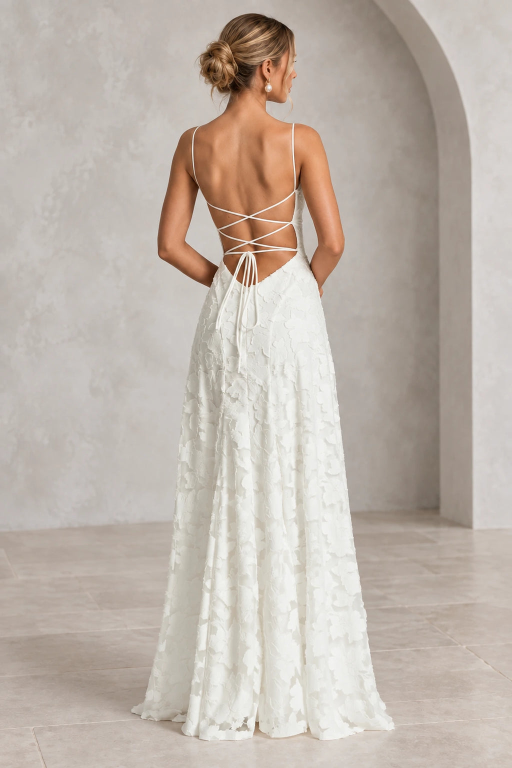 Romantic A-Line Cowl Neck Spaghetti-Strap Lace-Up Back Floor-Length Bridesmaid Dress
