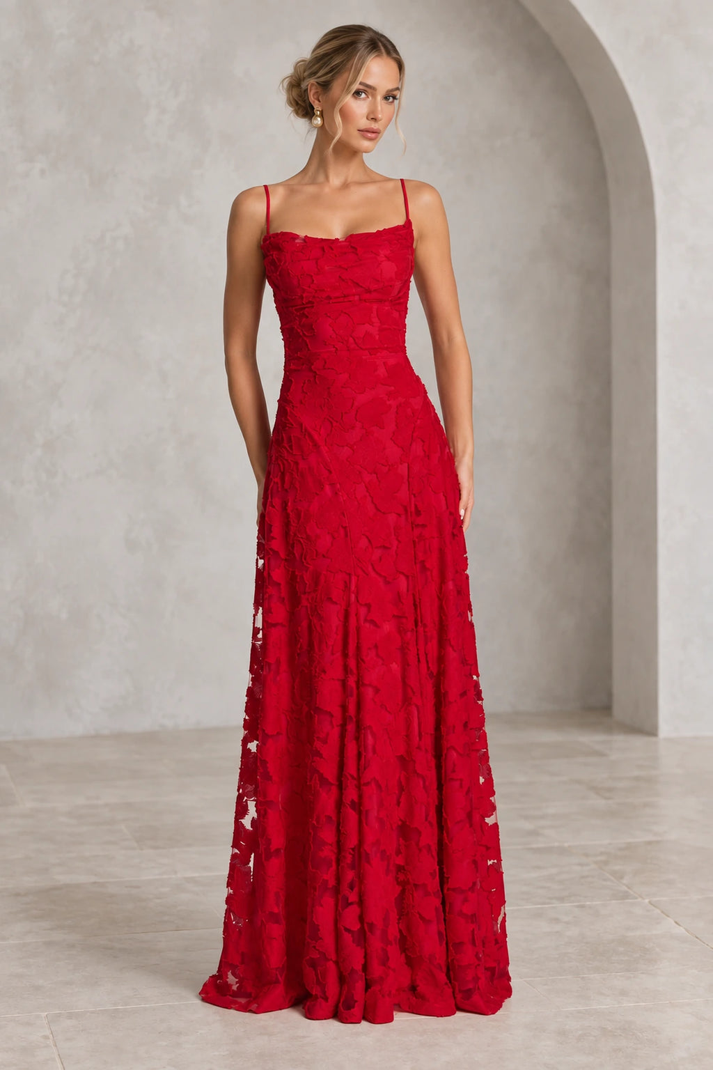 Romantic A-Line Cowl Neck Spaghetti-Strap Lace-Up Back Floor-Length Bridesmaid Dress