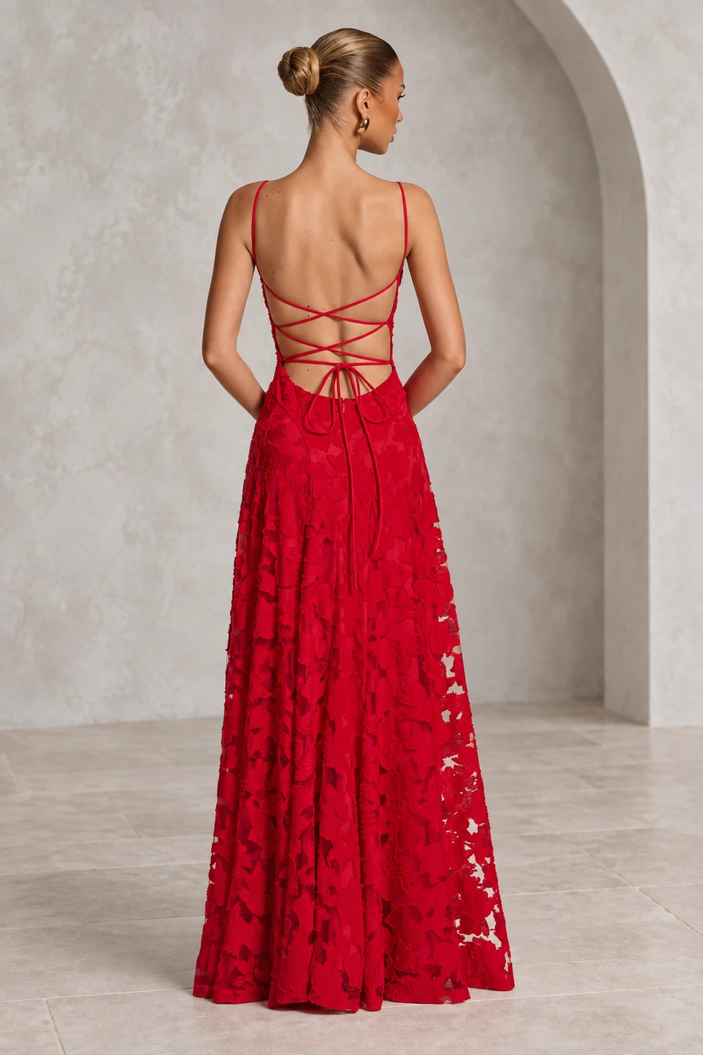 Romantic A-Line Cowl Neck Spaghetti-Strap Lace-Up Back Floor-Length Bridesmaid Dress