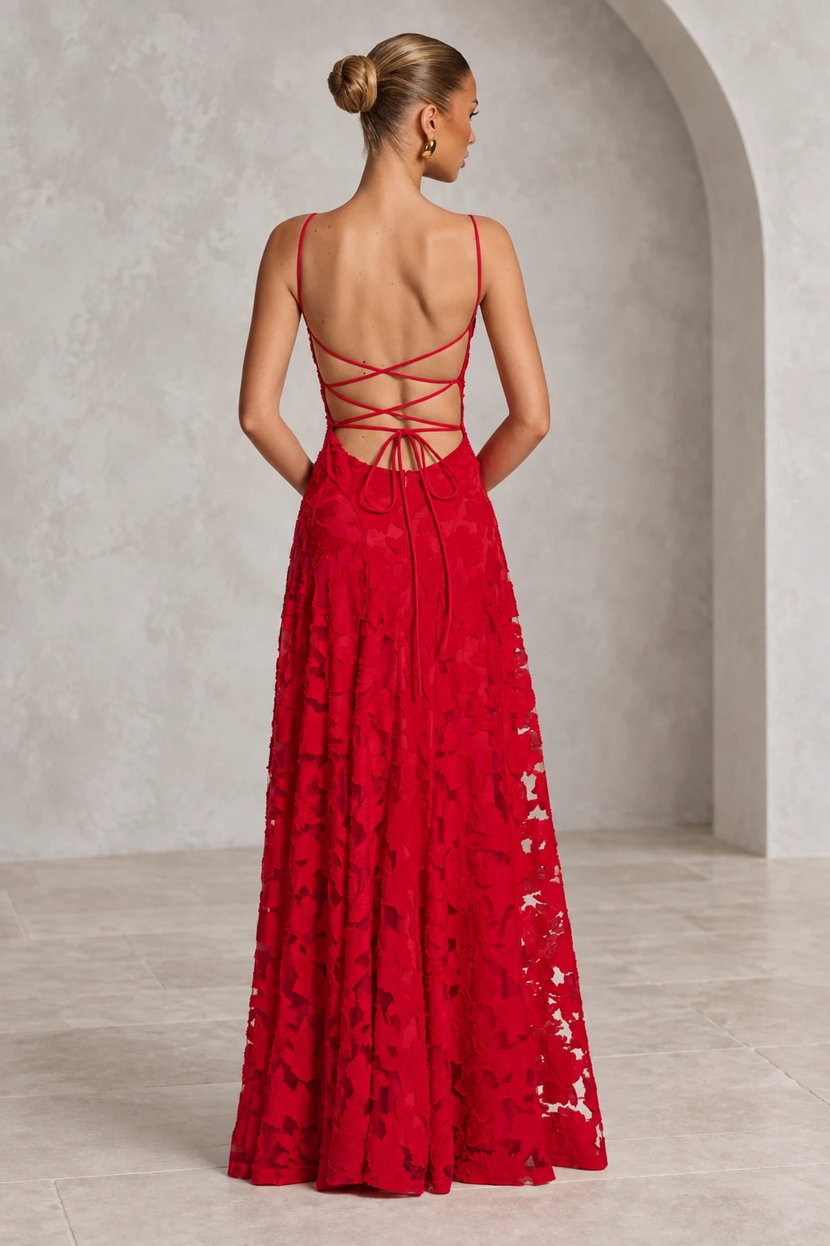 Romantic A-Line Cowl Neck Spaghetti-Strap Lace-Up Back Floor-Length Bridesmaid Dress
