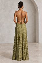 Back view of sage lace bridesmaid dress with open back and crisscross lace-up straps by Graceprom