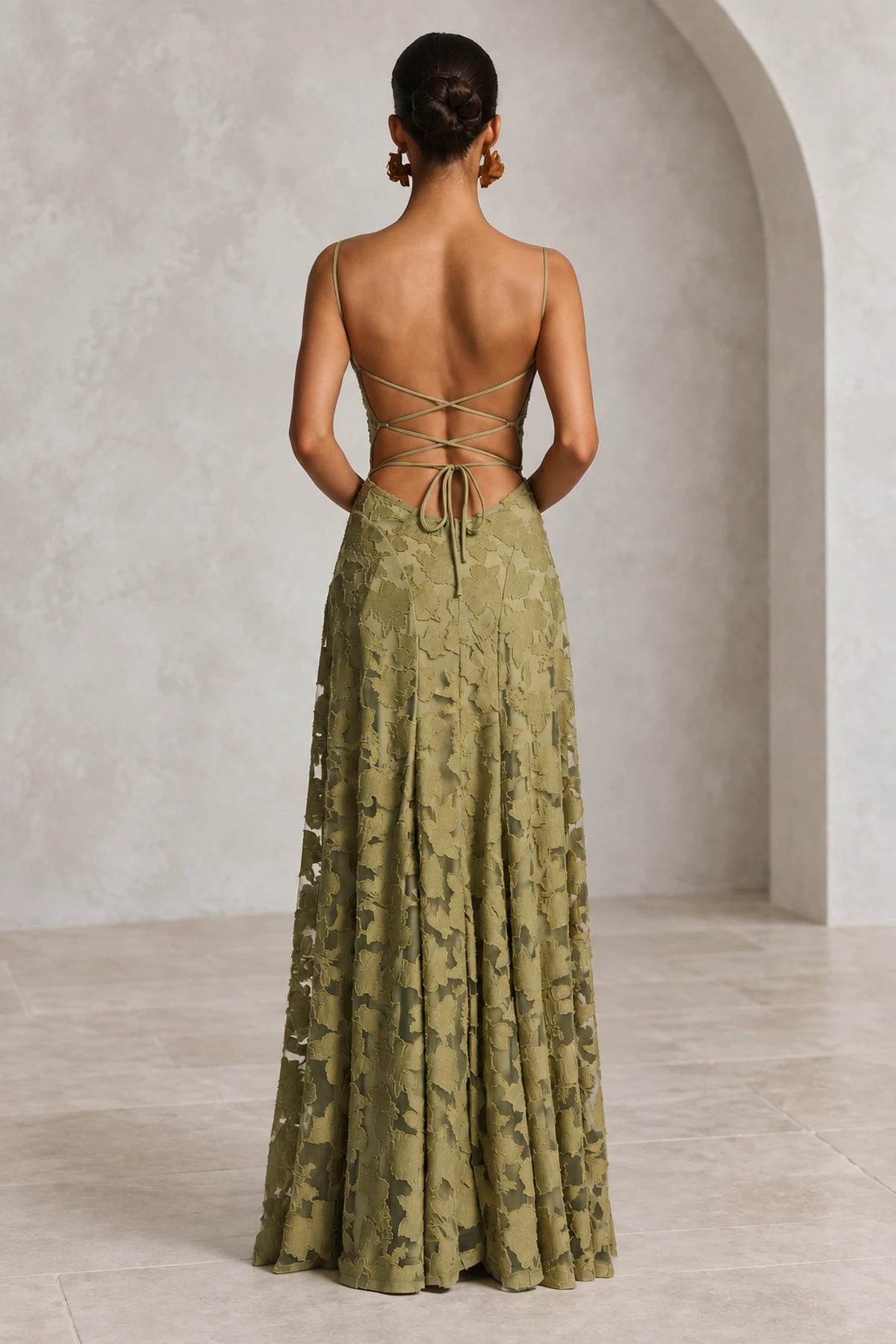 Back view of sage lace bridesmaid dress with open back and crisscross lace-up straps by Graceprom