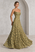 Sage floral lace A-line bridesmaid dress with cowl neckline and spaghetti straps by Graceprom