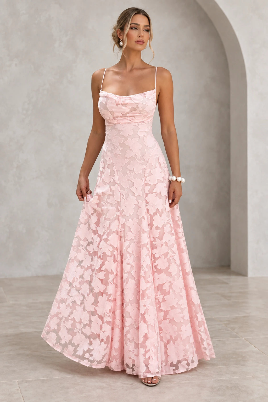Romantic A-Line Cowl Neck Spaghetti-Strap Lace-Up Back Floor-Length Bridesmaid Dress