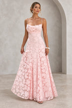 Romantic A-Line Cowl Neck Spaghetti-Strap Lace-Up Back Floor-Length Bridesmaid Dress