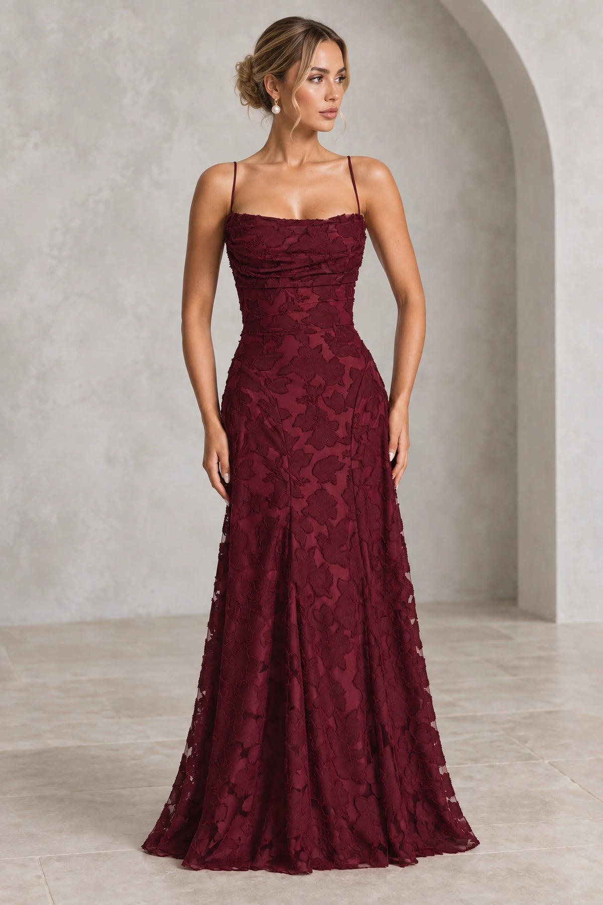 Romantic A-Line Cowl Neck Spaghetti-Strap Lace-Up Back Floor-Length Bridesmaid Dress