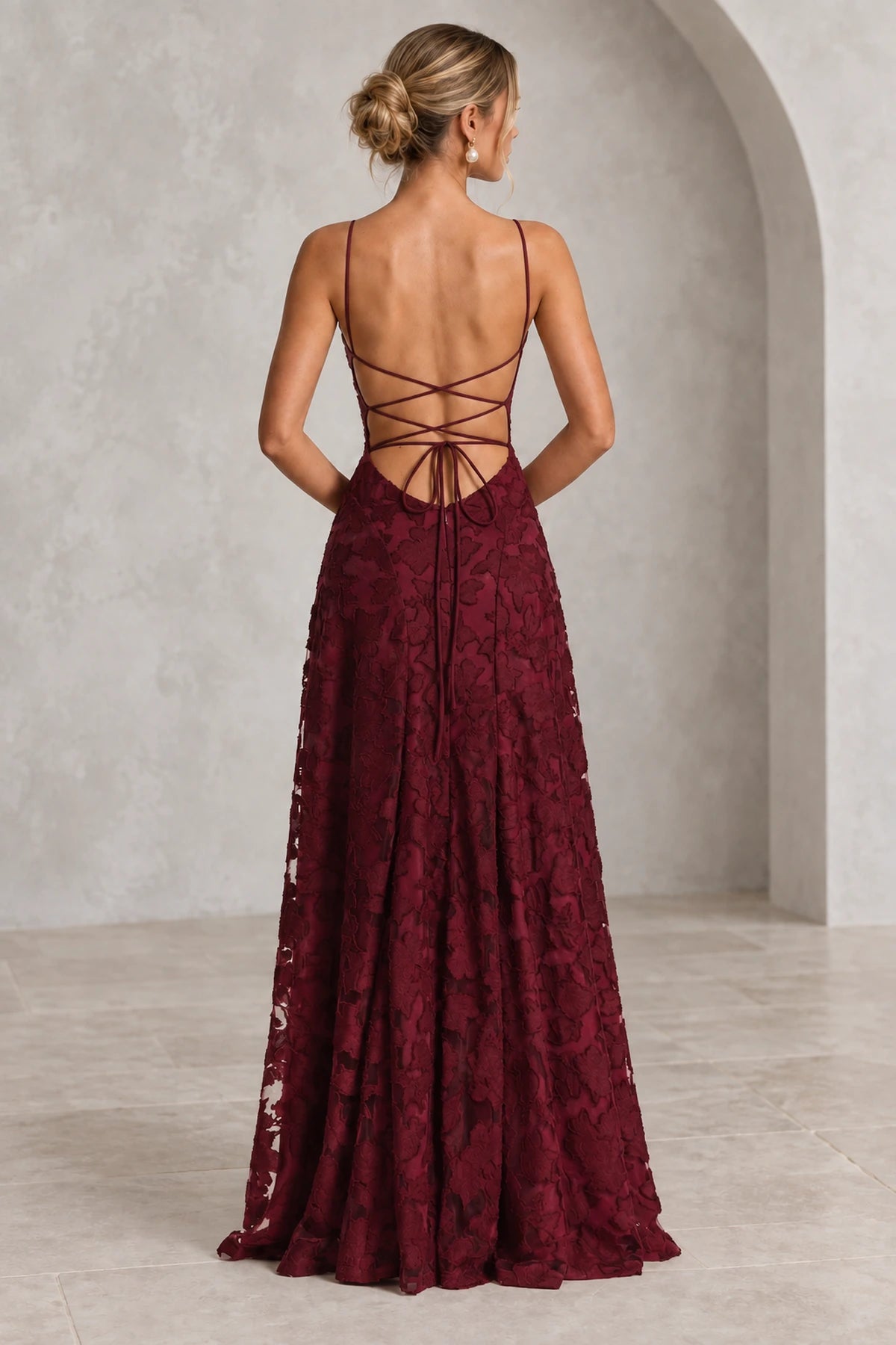 Romantic A-Line Cowl Neck Spaghetti-Strap Lace-Up Back Floor-Length Bridesmaid Dress