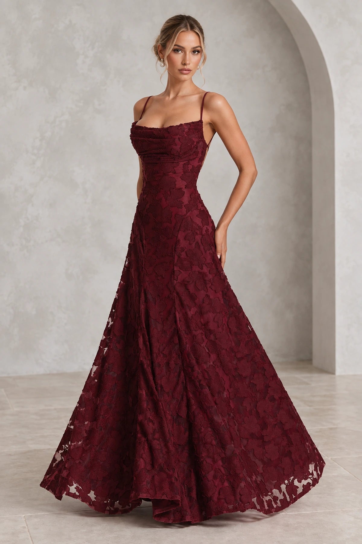 Romantic A-Line Cowl Neck Spaghetti-Strap Lace-Up Back Floor-Length Bridesmaid Dress