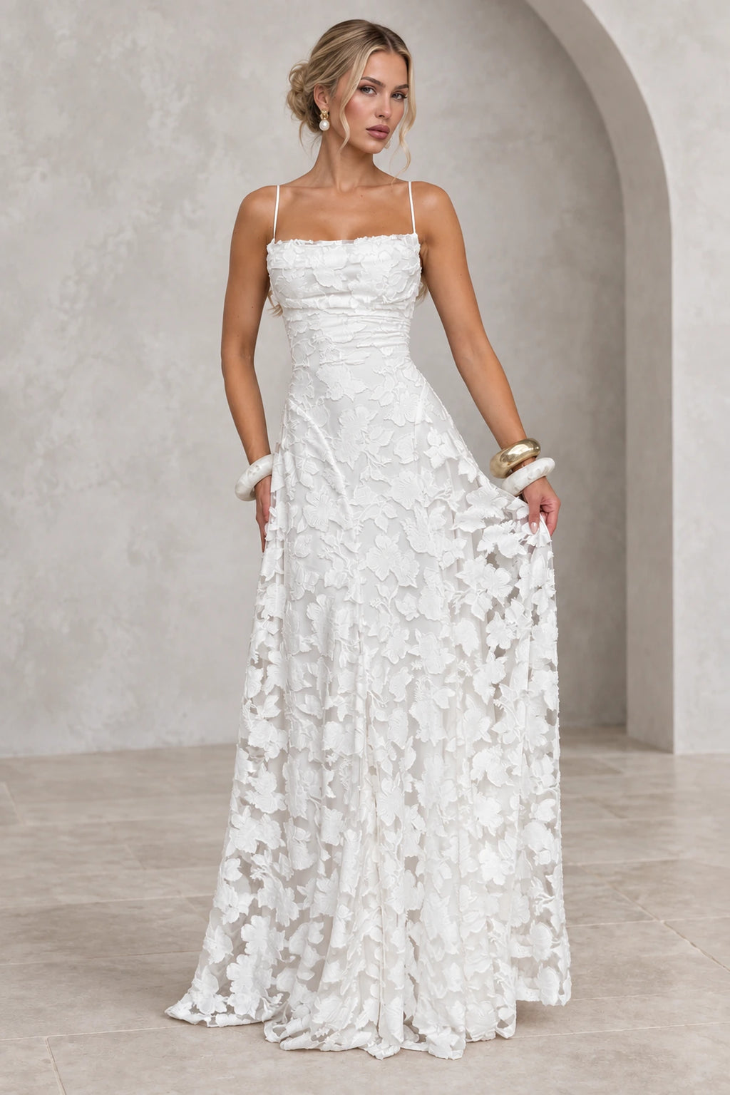 Romantic A-Line Cowl Neck Spaghetti-Strap Lace-Up Back Floor-Length Bridesmaid Dress