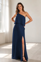 Romantic One-Shoulder Ruffle Floor-Length Sage Wedding Guest Dress