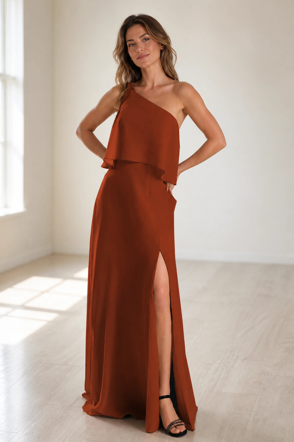 Romantic One-Shoulder Ruffle Floor-Length Sage Wedding Guest Dress