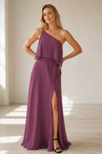 Romantic One-Shoulder Ruffle Floor-Length Sage Wedding Guest Dress