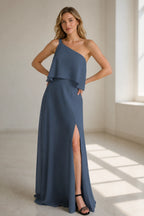 Romantic One-Shoulder Ruffle Floor-Length Sage Wedding Guest Dress