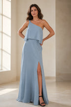 Romantic One-Shoulder Ruffle Floor-Length Sage Wedding Guest Dress