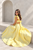Charming Satin A-Line Square Neck Ruffle Sleeve Bow Back Floor Length Prom Dress