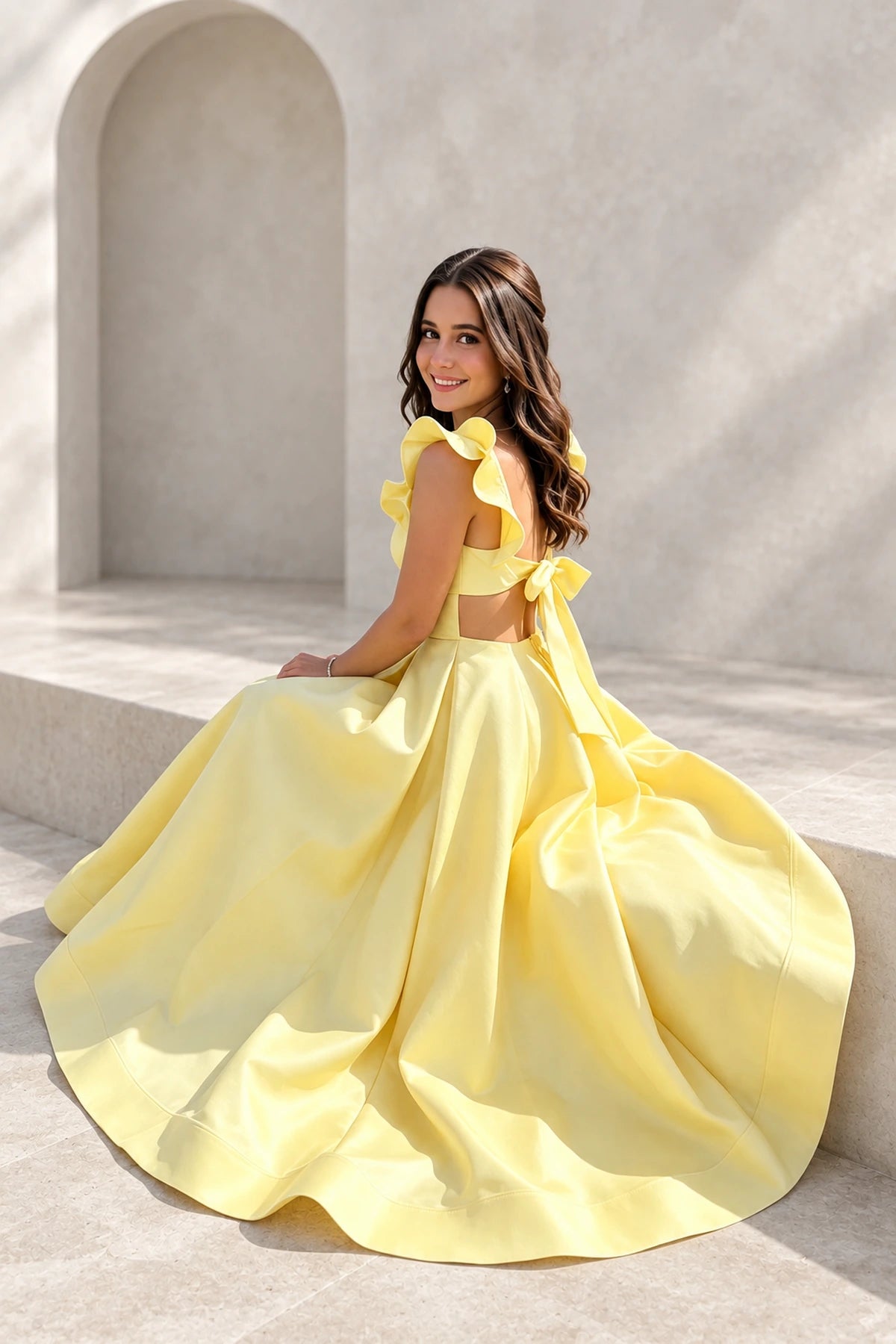 Charming Satin A-Line Square Neck Ruffle Sleeve Bow Back Floor Length Prom Dress