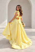 Charming Satin A-Line Square Neck Ruffle Sleeve Bow Back Floor Length Prom Dress