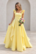 Charming Satin A-Line Square Neck Ruffle Sleeve Bow Back Floor Length Prom Dress