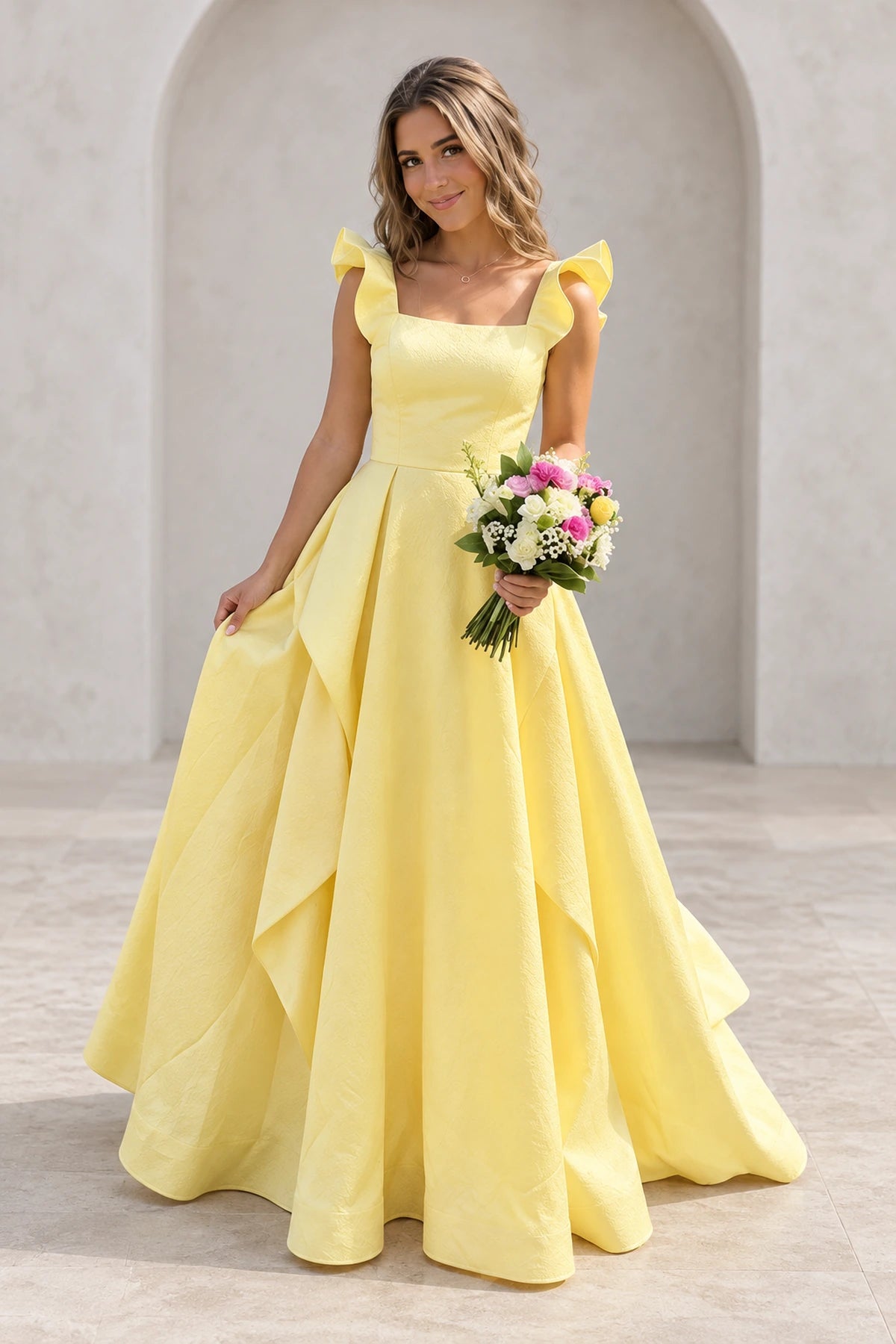 Charming Satin A-Line Square Neck Ruffle Sleeve Bow Back Floor Length Prom Dress