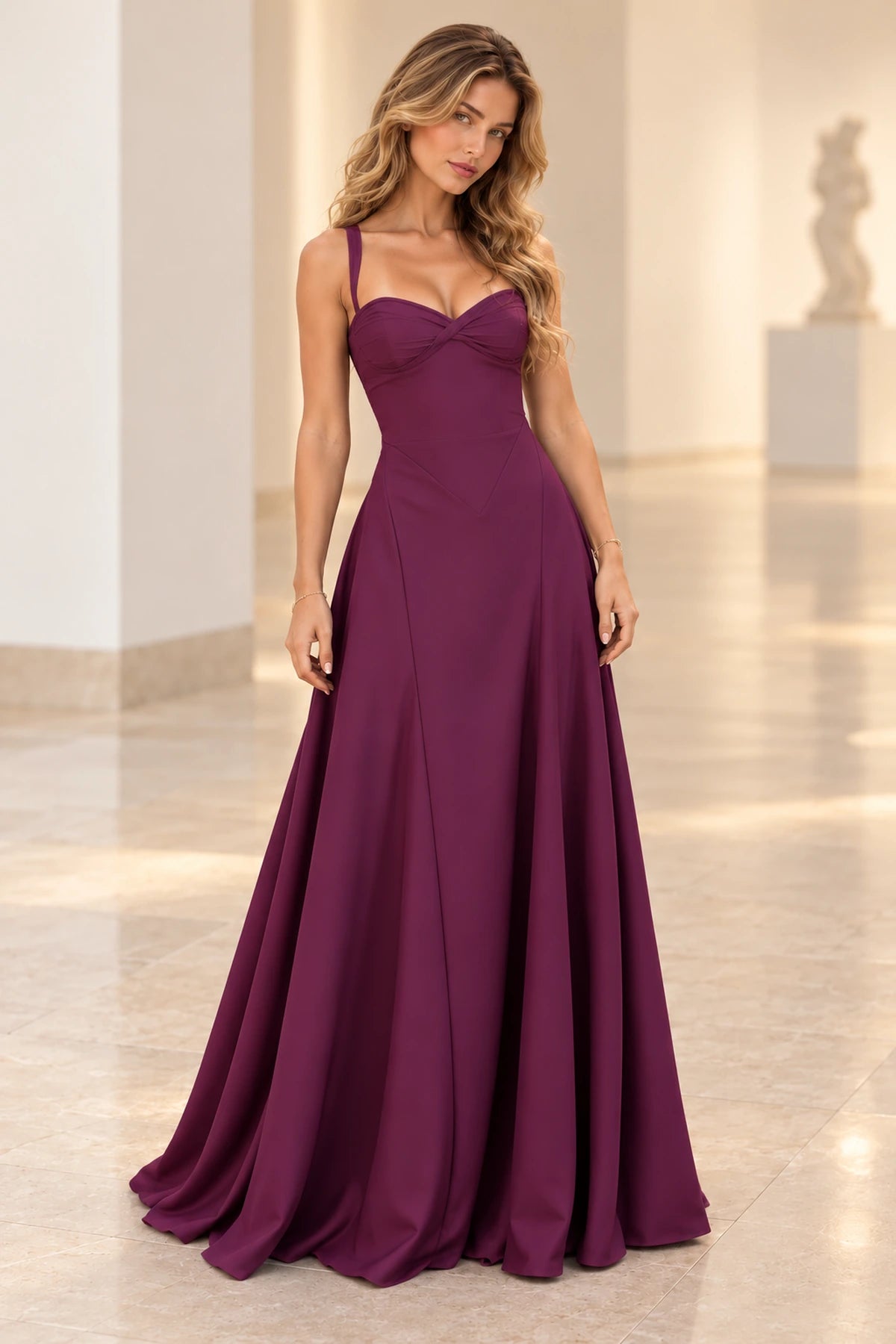 Elegant Satin A-Line Sweetheart Spaghetti Strap V Back Floor Length Bridesmaid Dress