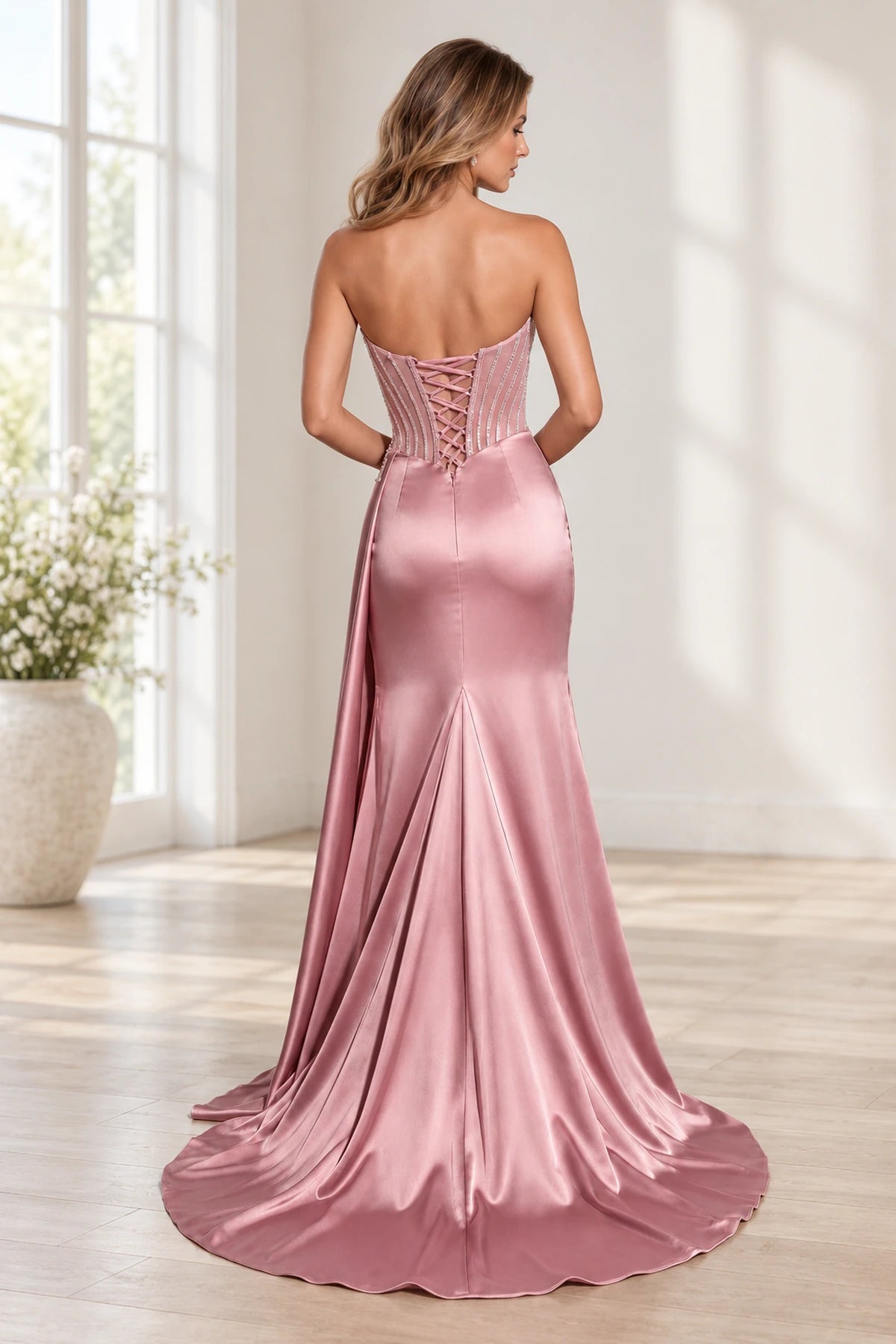 Back of Graceprom dusty rose satin prom dress with beaded sheer corset panels, crisscross lacing and a flared skirt with a sweeping train.