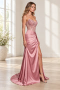 Graceprom dusty rose satin prom dress with a strapless sweetheart neckline, sheer beaded corset bodice, ruched hips and thigh-high slit.