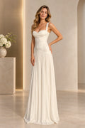 Front view of an ivory Graceprom satin and chiffon prom dress with a lace-trimmed cowl neckline, wide straps and flowing floor-length A-line skirt.