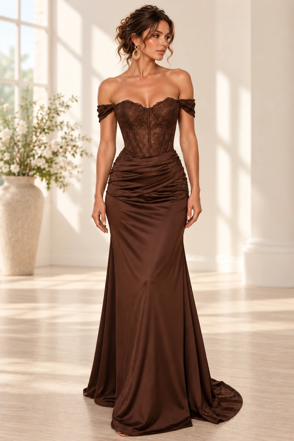 Chocolate brown satin lace mermaid evening dress with sweetheart off shoulder neckline, sheer floral lace corset bodice and ruched floor length skirt by Graceprom