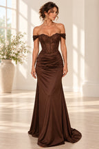Chocolate brown satin lace mermaid evening dress with sweetheart off shoulder neckline, sheer floral lace corset bodice and ruched floor length skirt by Graceprom