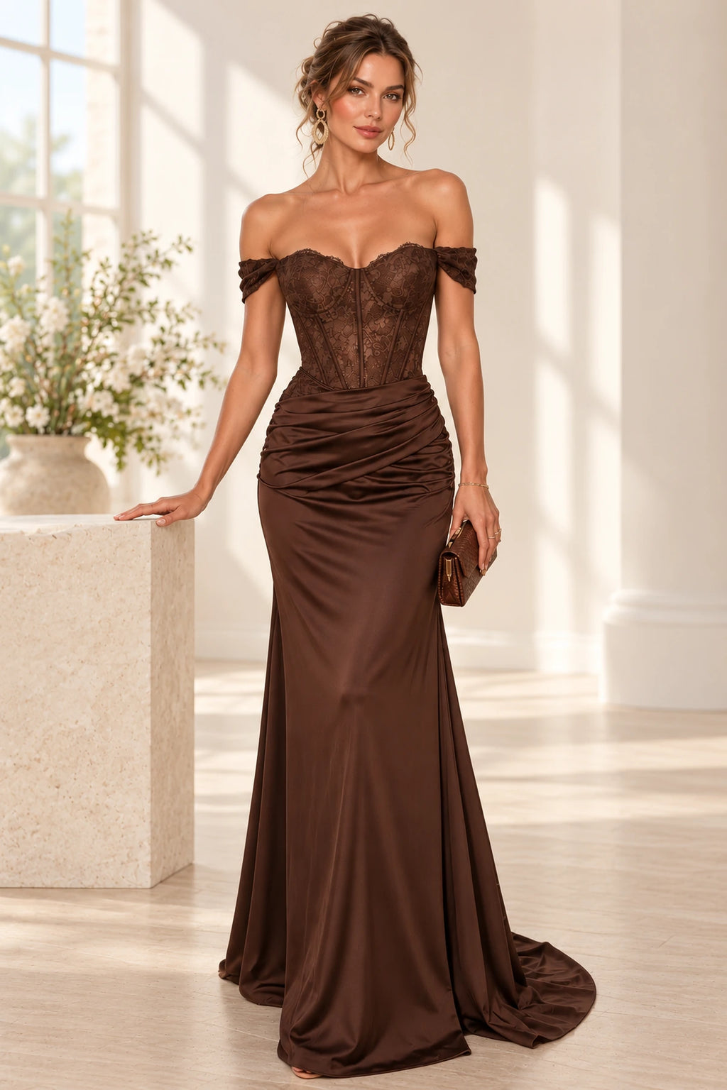 Elegant Satin Lace Mermaid Sweetheart Off Shoulder Zipper Back Floor Length Evening Dress