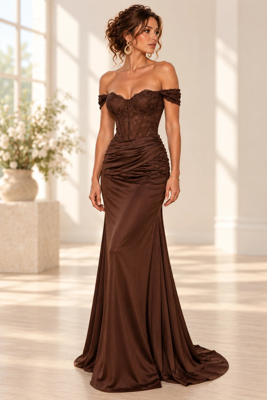 Elegant Satin Lace Mermaid Sweetheart Off Shoulder Zipper Back Floor Length Evening Dress