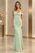 Graceprom pale green satin mermaid evening dress with an asymmetric neckline, fitted bodice and draped hips, front view.