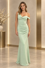 Graceprom pale green satin mermaid evening dress with an asymmetric neckline, fitted bodice and draped hips, front view.